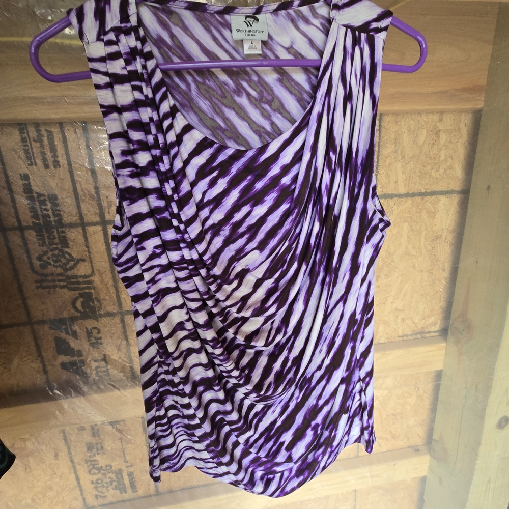 Worthington Purple and White Asymmetrical Ruched Tank Top